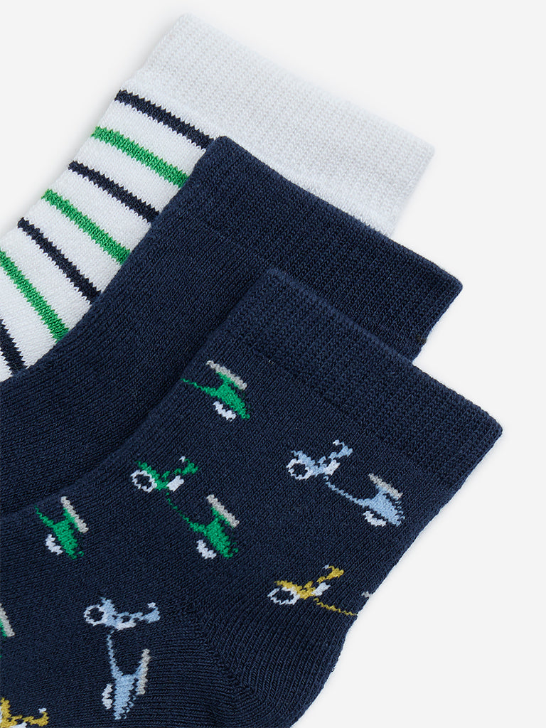 HOP Kids Navy Scooter Printed Cotton-Blend Socks - Pack of 3