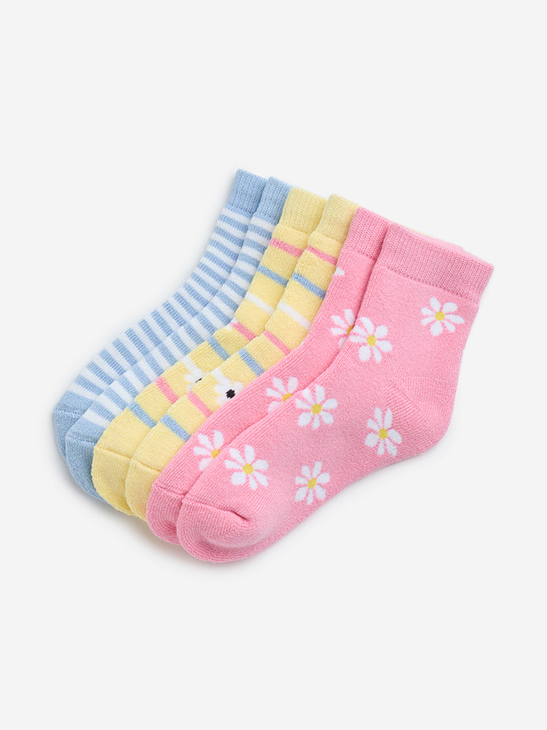 HOP Kids Yellow Printed Cotton-Blend Socks - Pack of 3