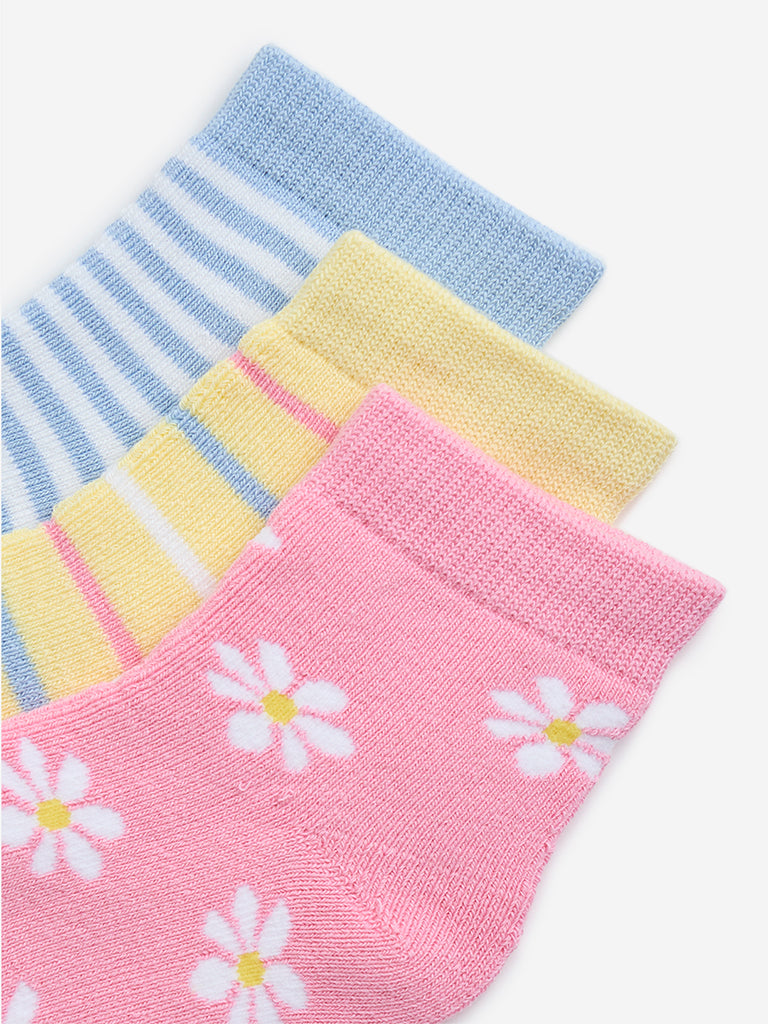 HOP Kids Yellow Printed Cotton-Blend Socks - Pack of 3