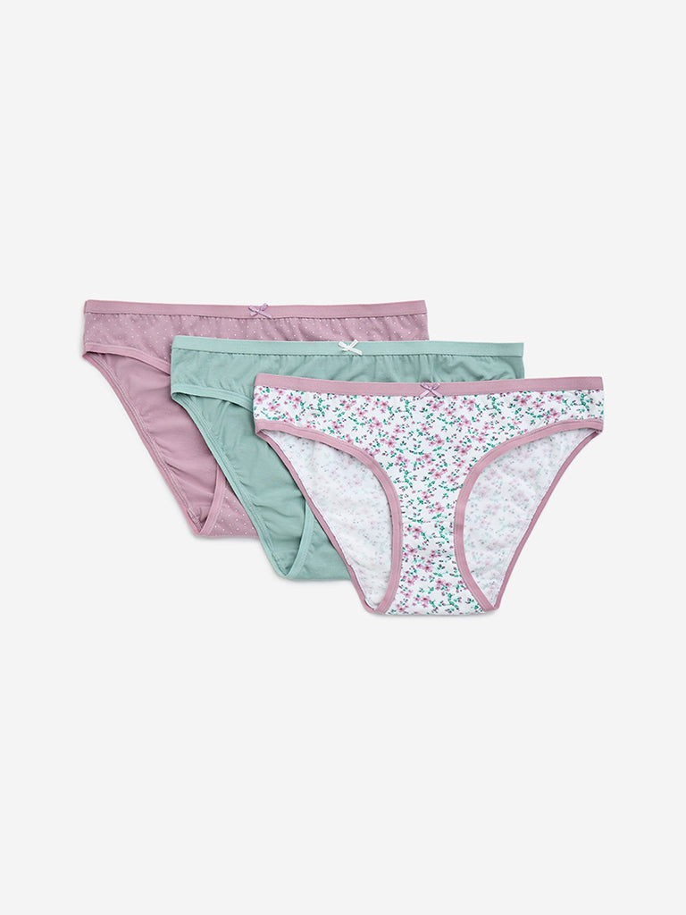 Wunderlove Pink Printed Cotton Blend Bikini Briefs - Pack of 3