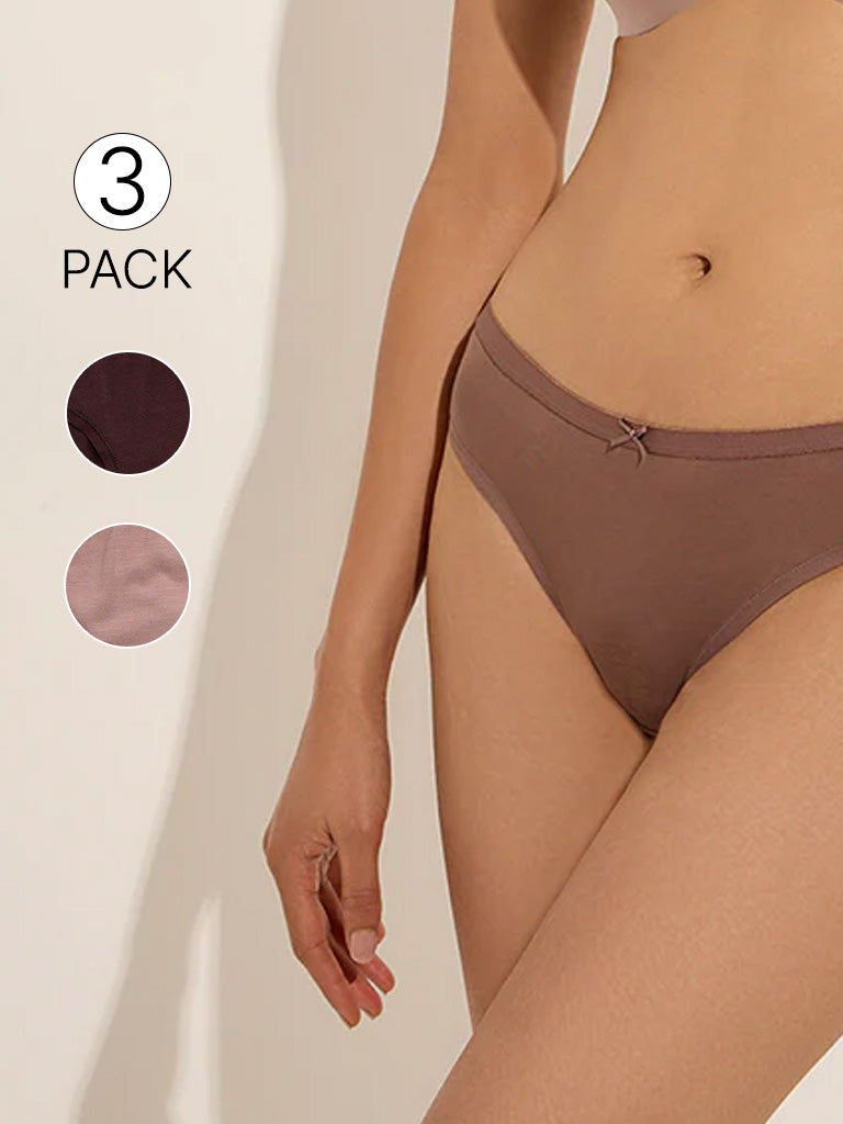 Wunderlove Brown Cotton-Blend Bikini Briefs - Pack of 3