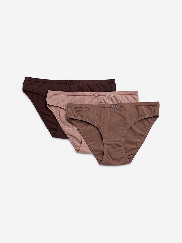 Wunderlove Brown Cotton-Blend Bikini Briefs - Pack of 3