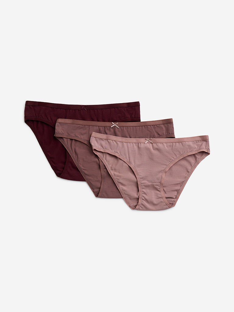 Wunderlove Burgundy Bikini Cotton Blend Briefs - Pack of 3