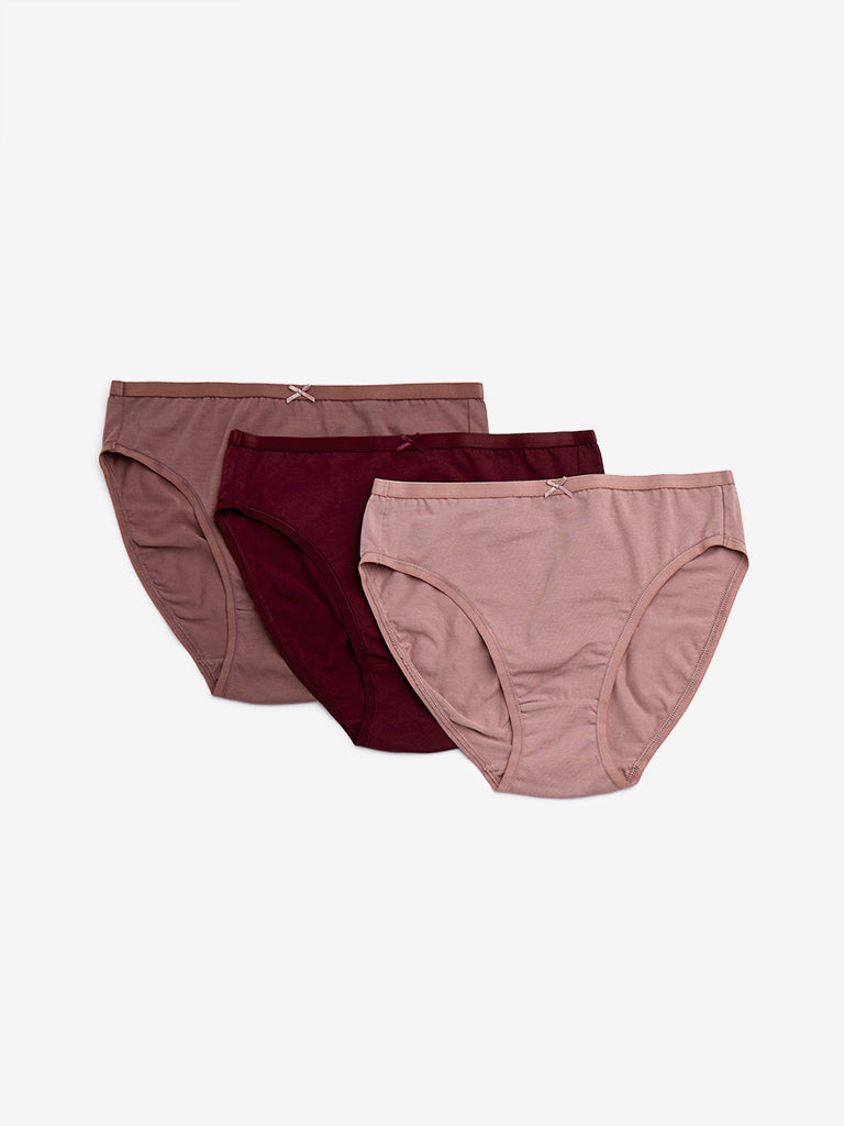 Wunderlove Burgundy Solid Cotton-Blend Briefs - Pack of 3