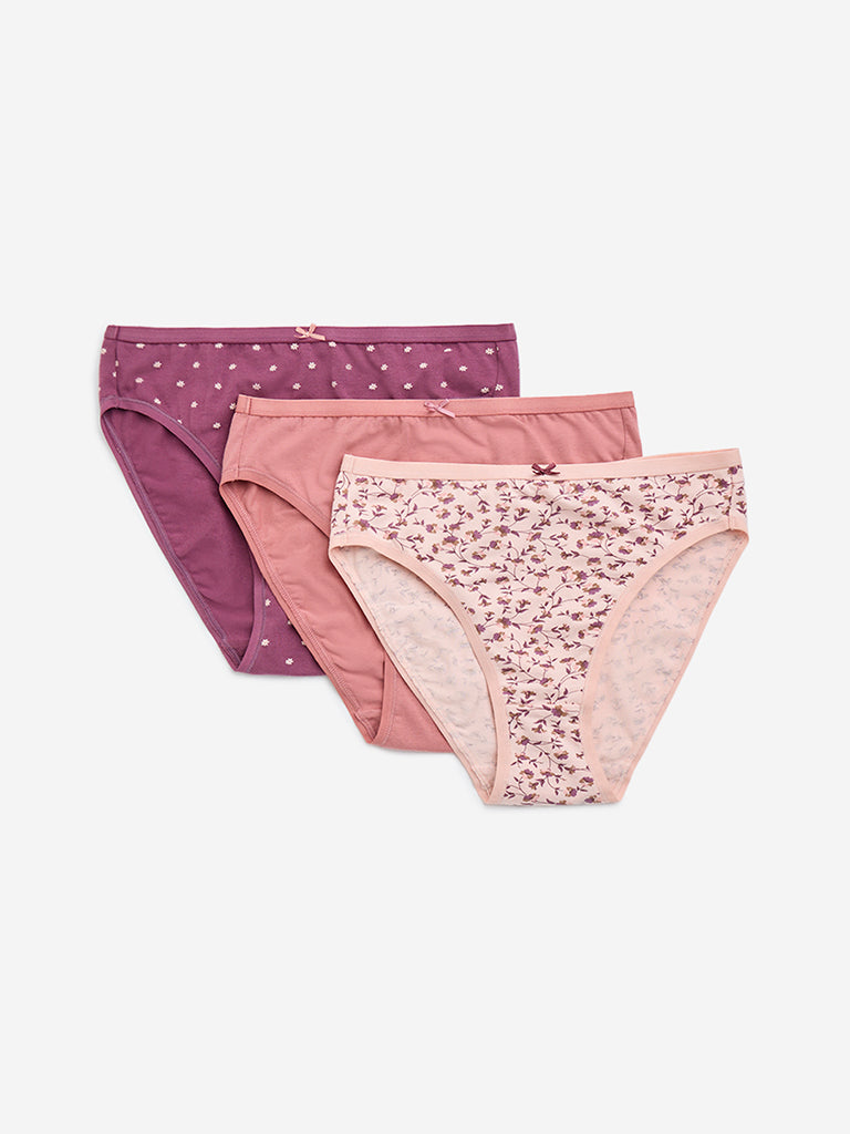 Wunderlove Ashrose Floral Printed Cotton Blend Hi-Leg Brief - Pack of 3