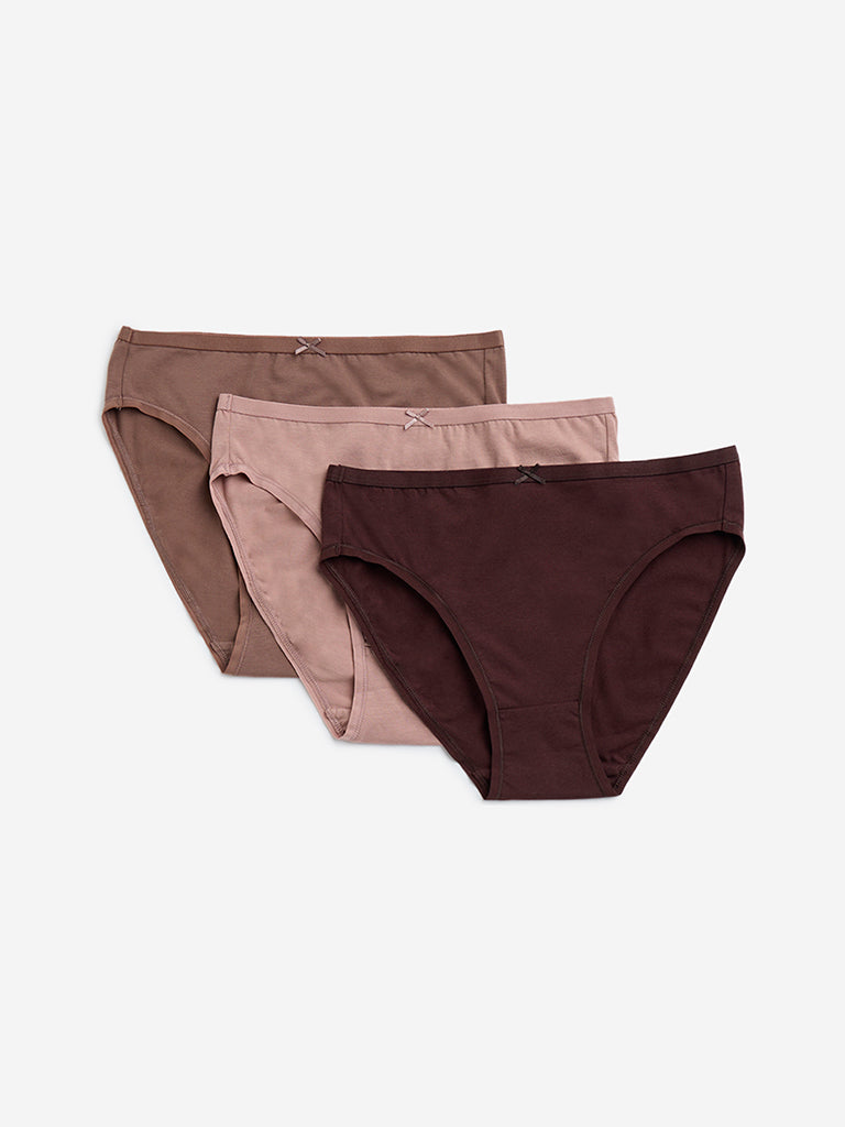 Wunderlove Brown Solid Cotton Blend Briefs - Pack of 3