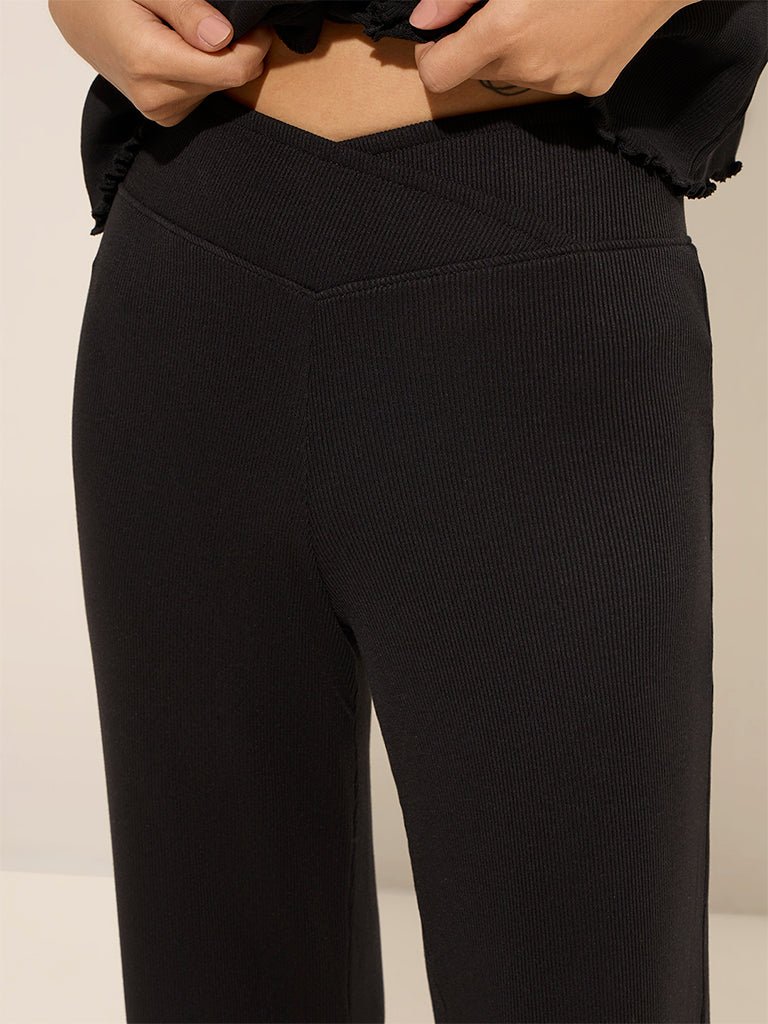 Superstar Black Ribbed Criss-Cross Waist High-Rise Cotton Pants