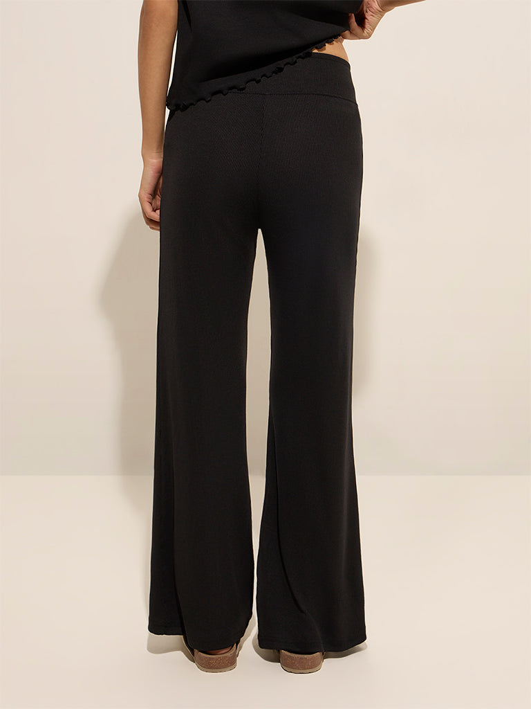 Superstar Black Ribbed Criss-Cross Waist High-Rise Cotton Pants