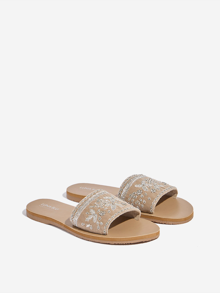 LUNA BLU Taupe Embellished Slides