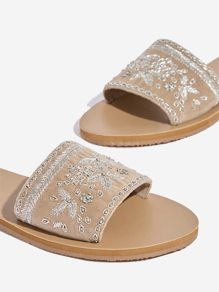 LUNA BLU Taupe Embellished Slides