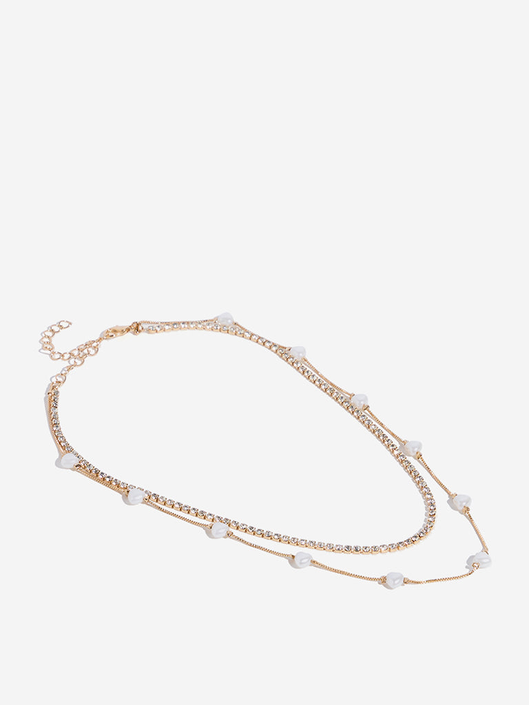 Westside Accessories Gold Diamante Chain and Pearl Necklace