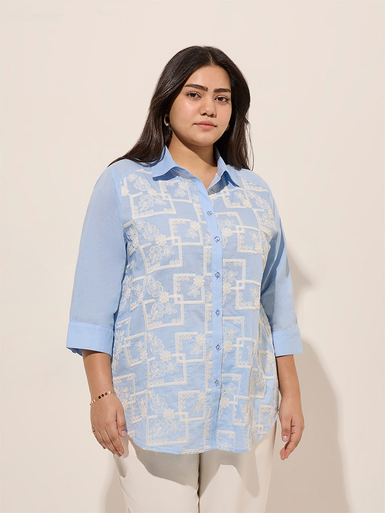 Gia Light Blue Embroidered Cotton Shirt