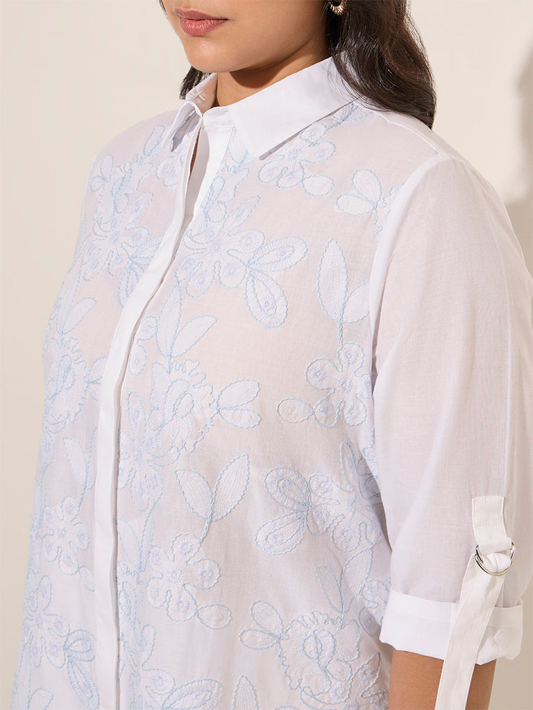 Gia White Floral Embroidered High-Low Cotton Shirt