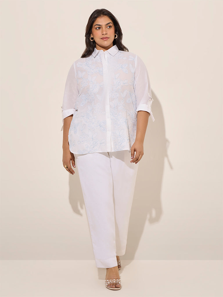 Gia White Floral Embroidered High-Low Cotton Shirt