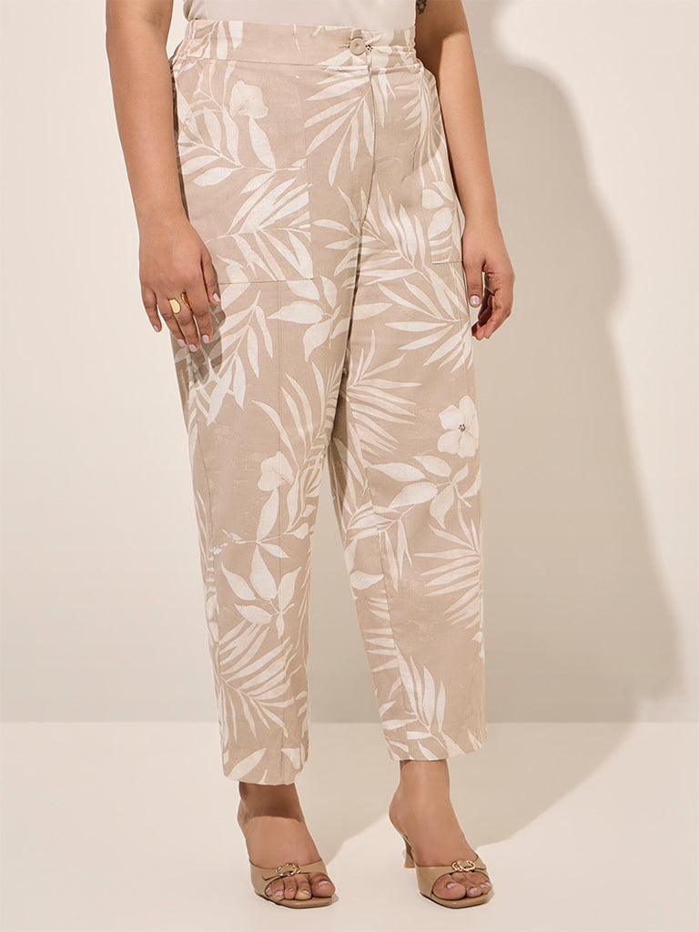 Gia Beige Botanical Print Mid-Rise Cotton-Blend Pants