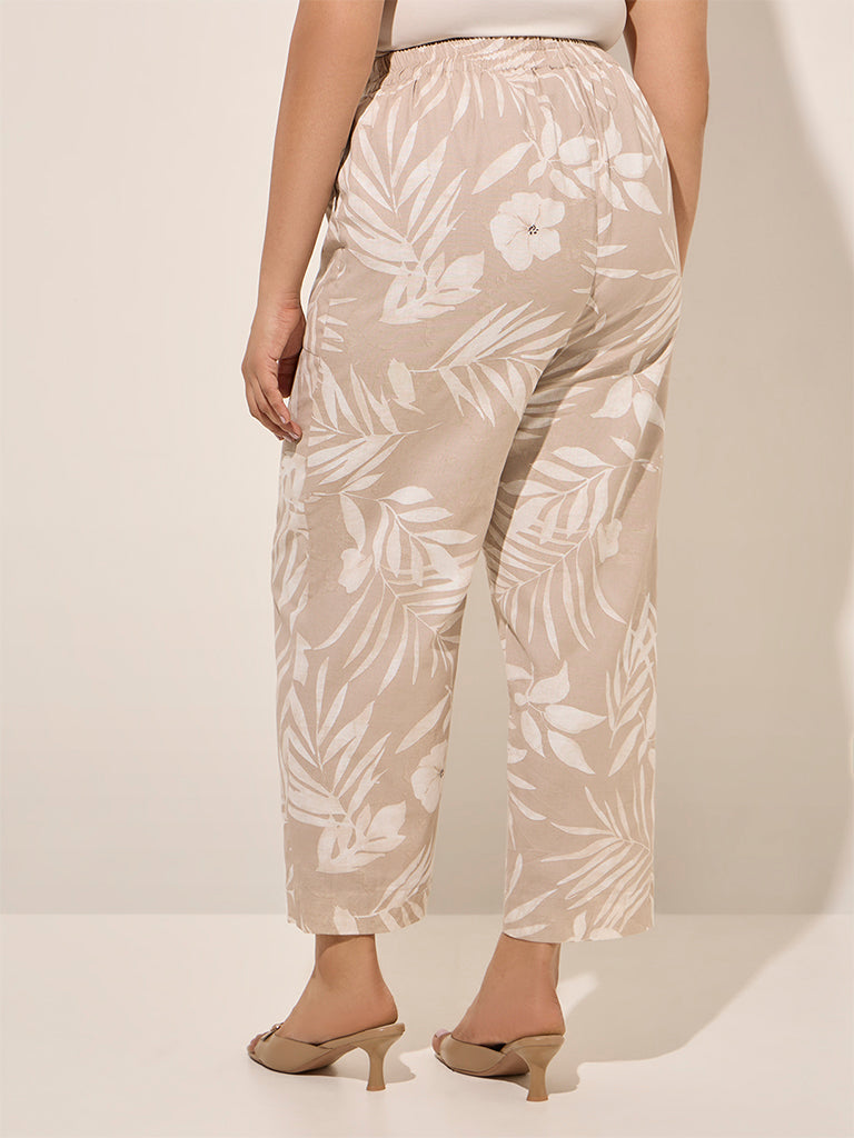 Gia Beige Botanical Print Mid-Rise Cotton-Blend Pants