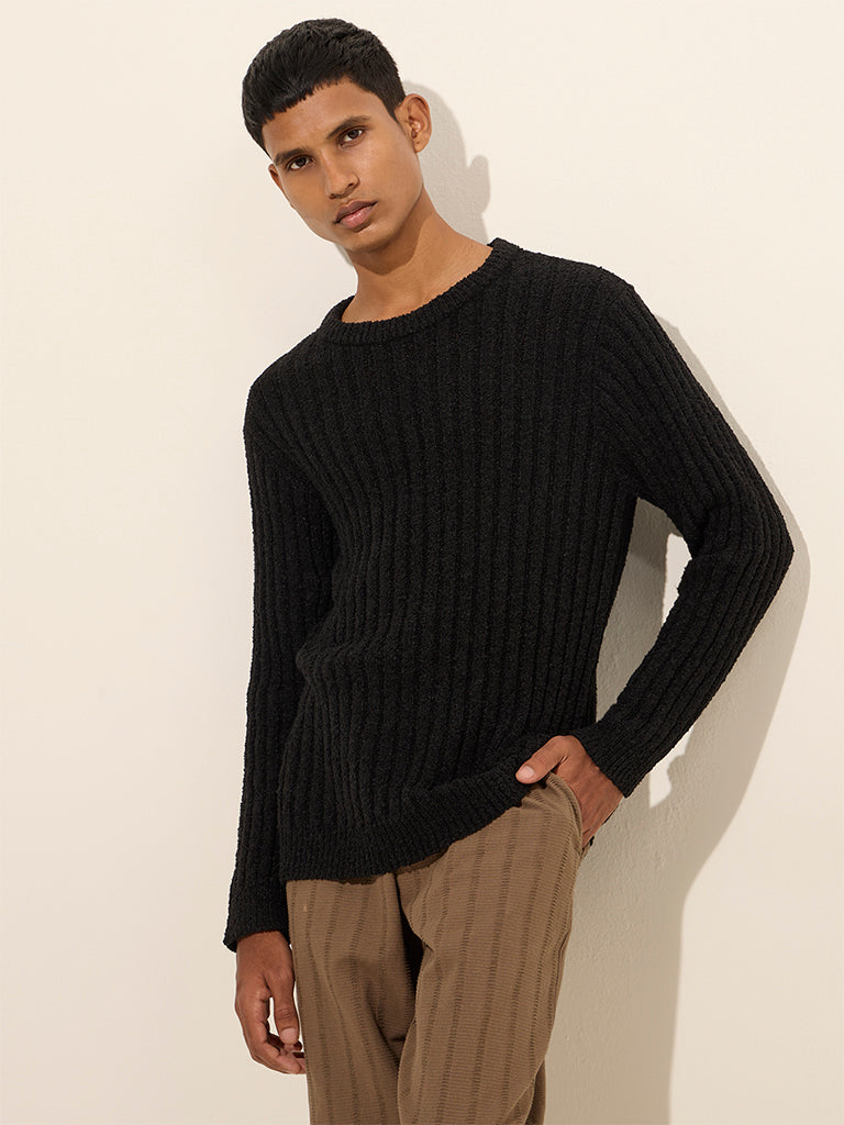 ETA Black Ribbed Textured Relaxed-Fit Sweater