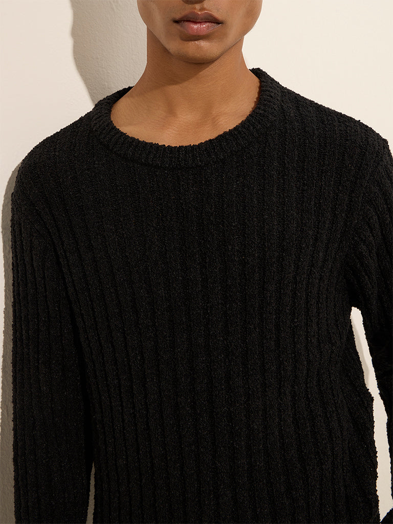 ETA Black Ribbed Textured Relaxed-Fit Sweater