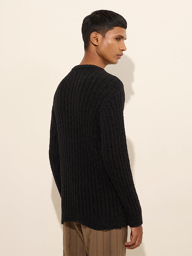 ETA Black Ribbed Textured Relaxed-Fit Sweater