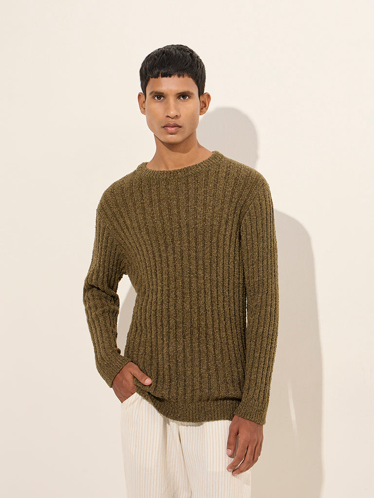 ETA Olive Ribbed Textured Relaxed-Fit Sweater