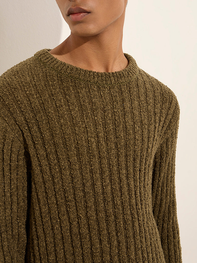 ETA Olive Ribbed Textured Relaxed-Fit Sweater