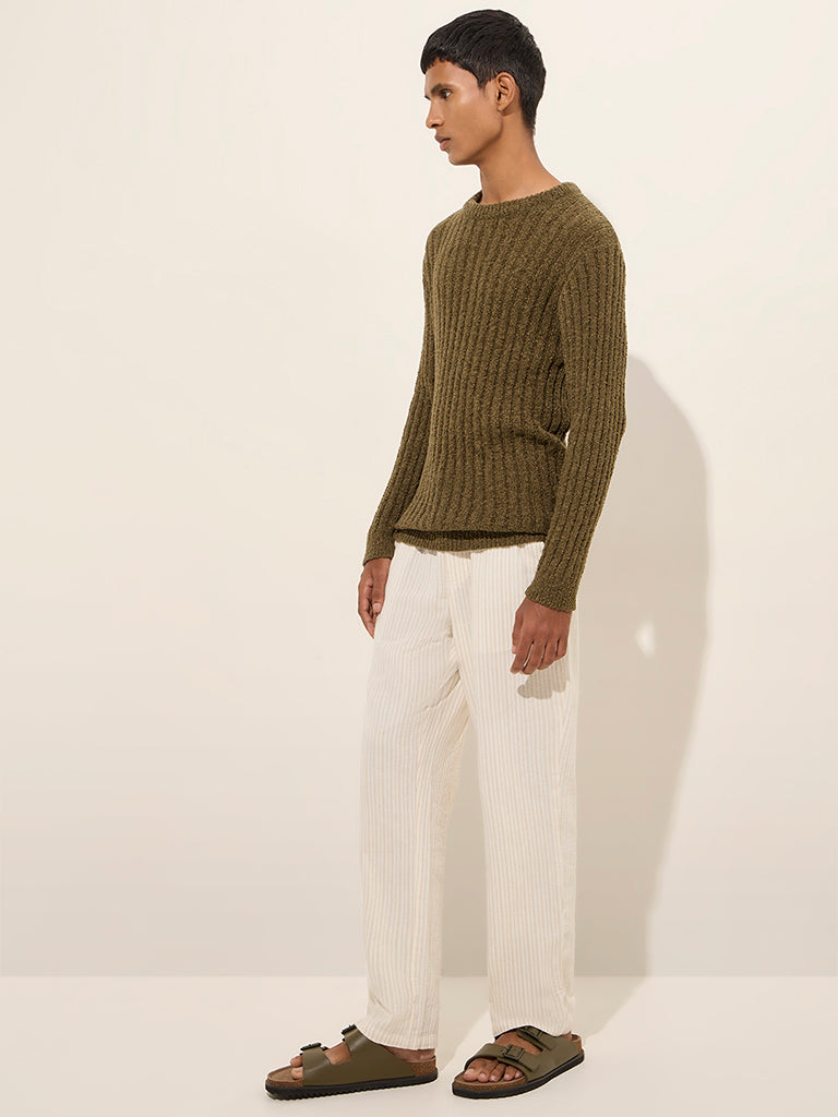 ETA Olive Ribbed Textured Relaxed-Fit Sweater