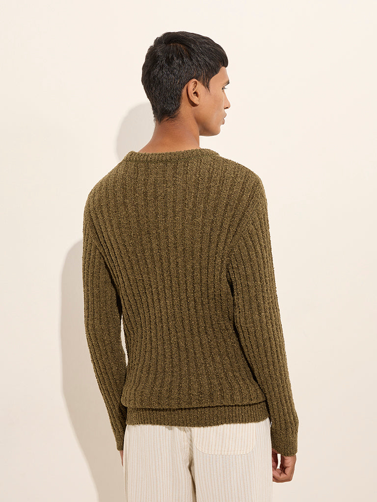 ETA Olive Ribbed Textured Relaxed-Fit Sweater