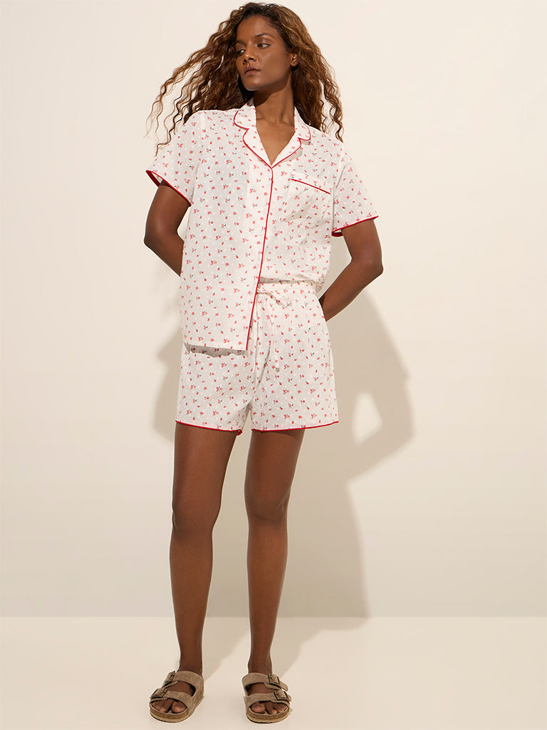 Wunderlove White Floral Printed Cotton Shirt and Shorts Set