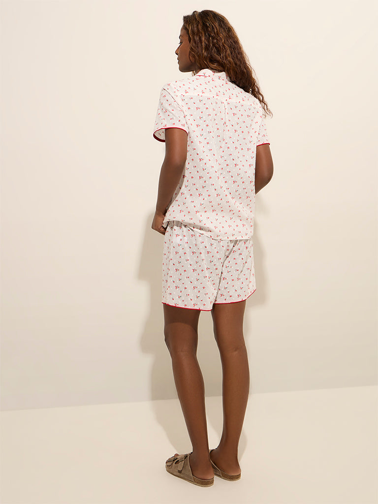 Wunderlove White Floral Printed Cotton Shirt and Shorts Set