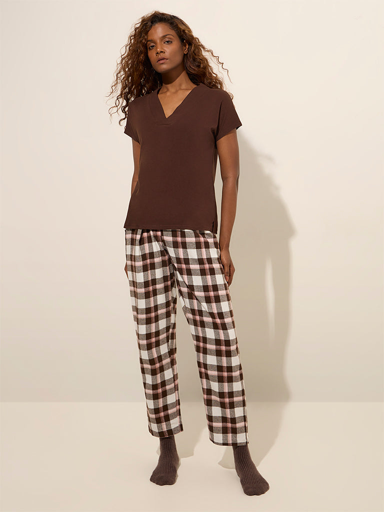 Wunderlove Brown Checkered High-Rise Cotton Lounge Pants