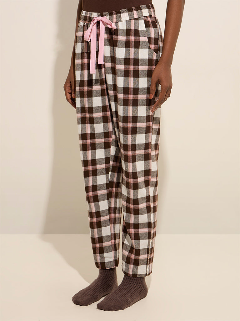 Wunderlove Brown Checkered High-Rise Cotton Lounge Pants