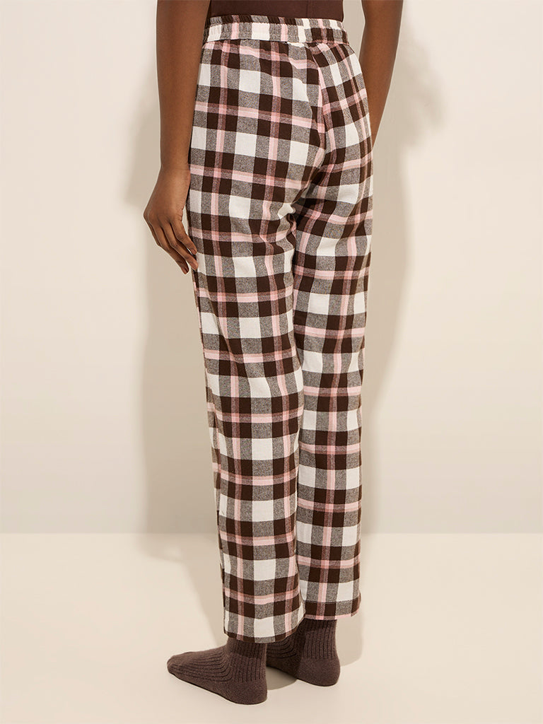 Wunderlove Brown Checkered High-Rise Cotton Lounge Pants