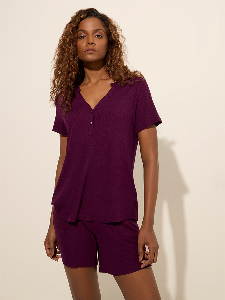 Wunderlove Purple Ribbed Henley Top