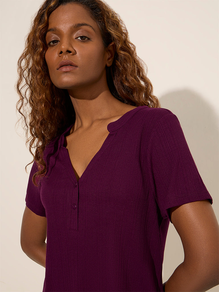 Wunderlove Purple Ribbed Henley Top