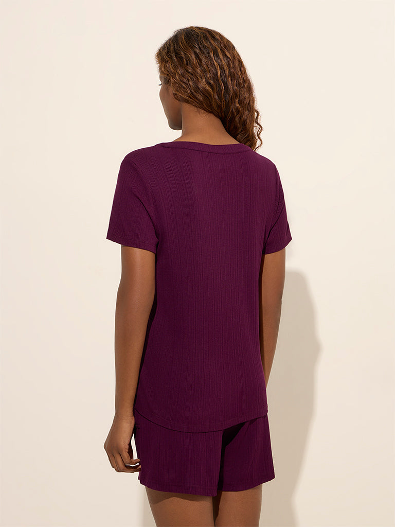 Wunderlove Purple Ribbed Henley Top