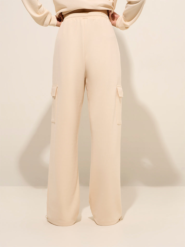 Studiofit Beige Solid High-Rise Cargo Track Pants