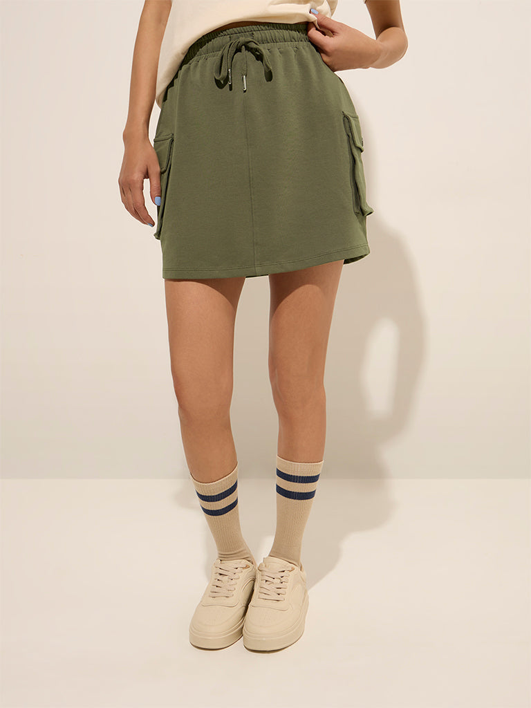 Studiofit Olive Solid High-Rise Cotton-Blend Skirt