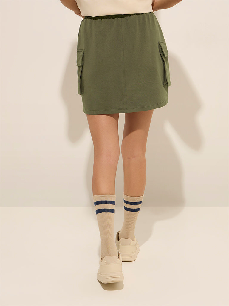 Studiofit Olive Solid High-Rise Cotton-Blend Skirt