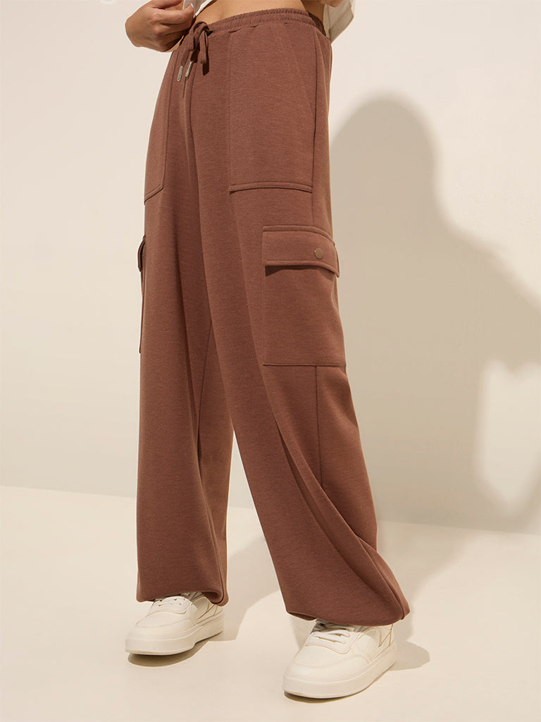 Studiofit Brown Cargo-Style High-Rise Track Pants