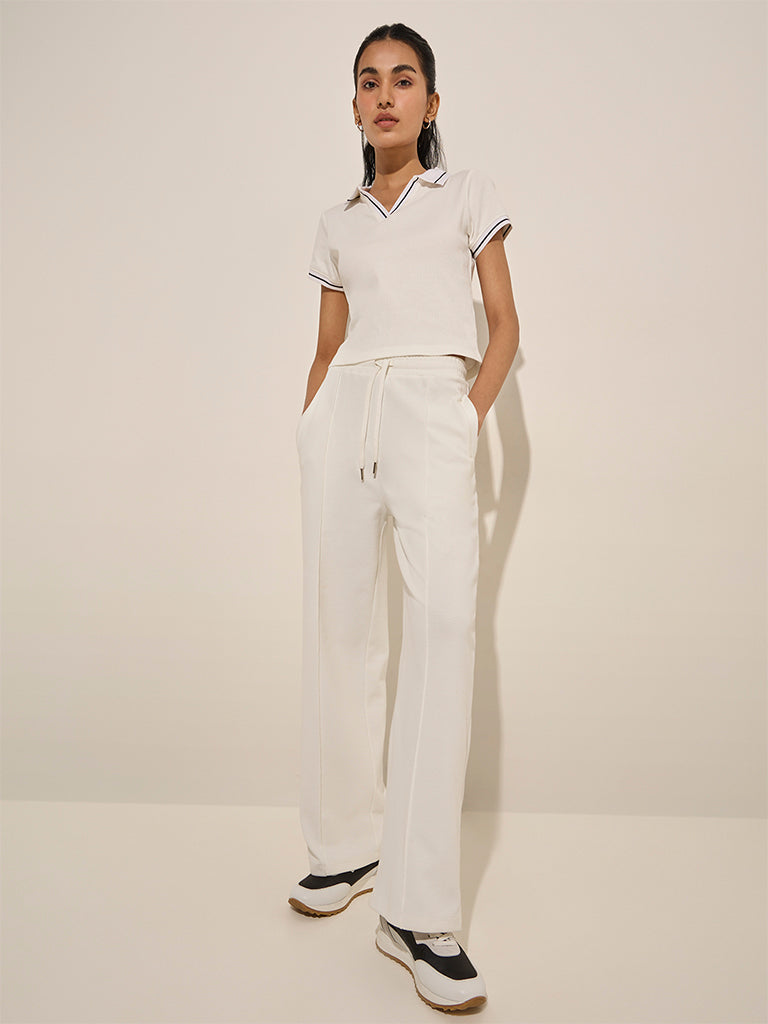 Studiofit White Textured Cotton-Blend High-Rise Track Pants