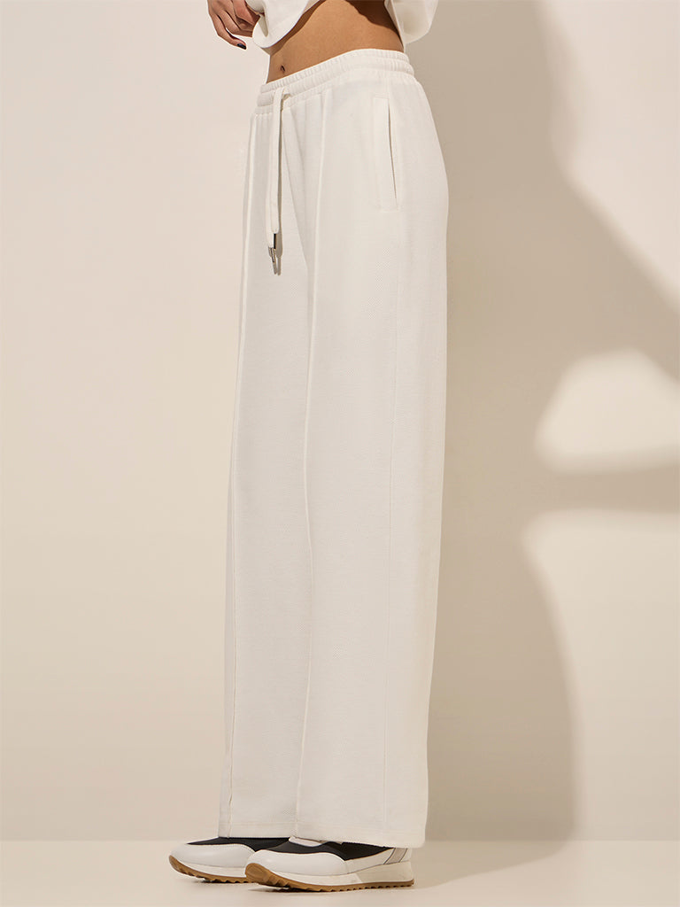 Studiofit White Textured Cotton-Blend High-Rise Track Pants