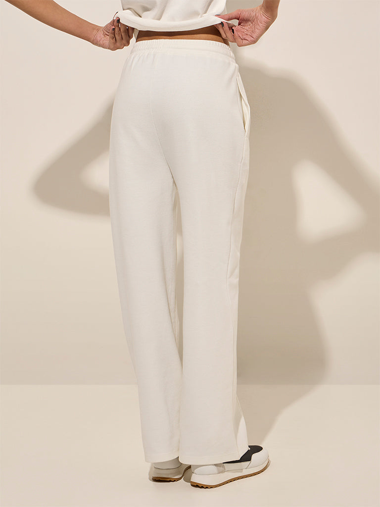 Studiofit White Textured Cotton-Blend High-Rise Track Pants