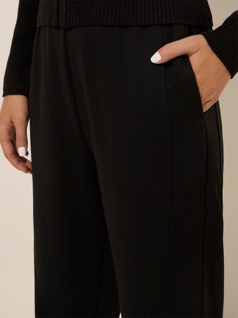 Studiofit Black Solid High-Rise Cotton-Blend Track Pants