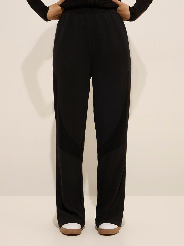 Studiofit Black Solid High-Rise Cotton-Blend Track Pants