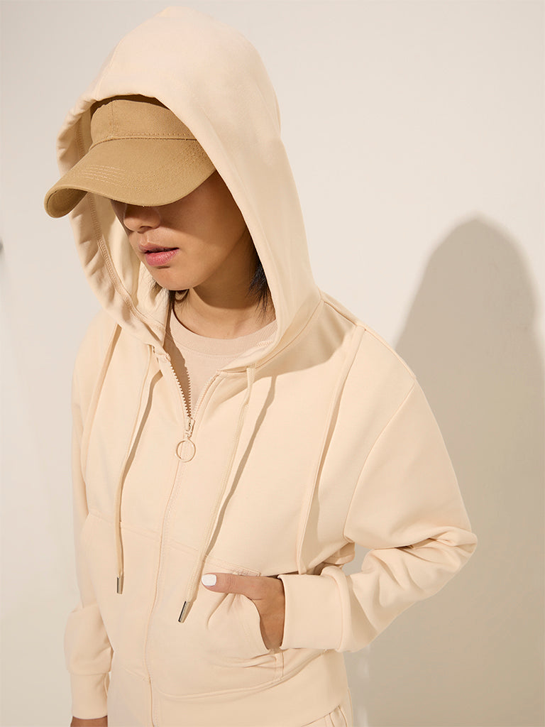 Studiofit Off-White Solid Hooded Cotton Hoodie