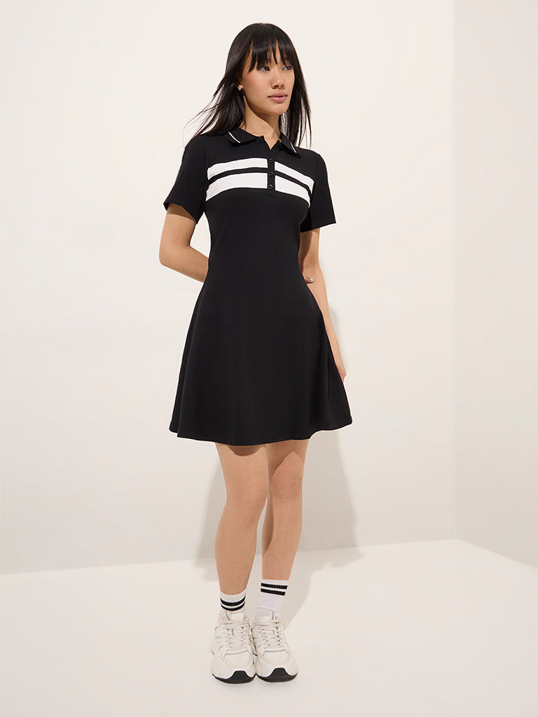 Studiofit Black Contrast Detailed Cotton Blend Skater Dress