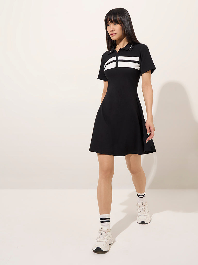 Studiofit Black Contrast Detailed Cotton Blend Skater Dress