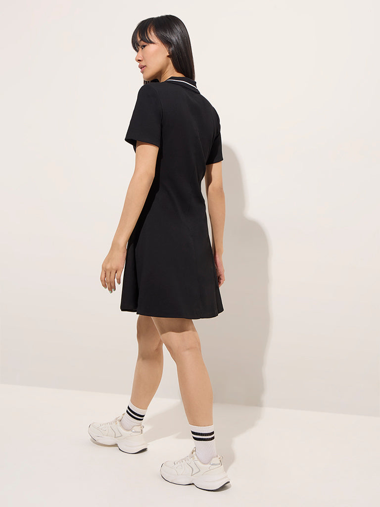 Studiofit Black Contrast Detailed Cotton Blend Skater Dress