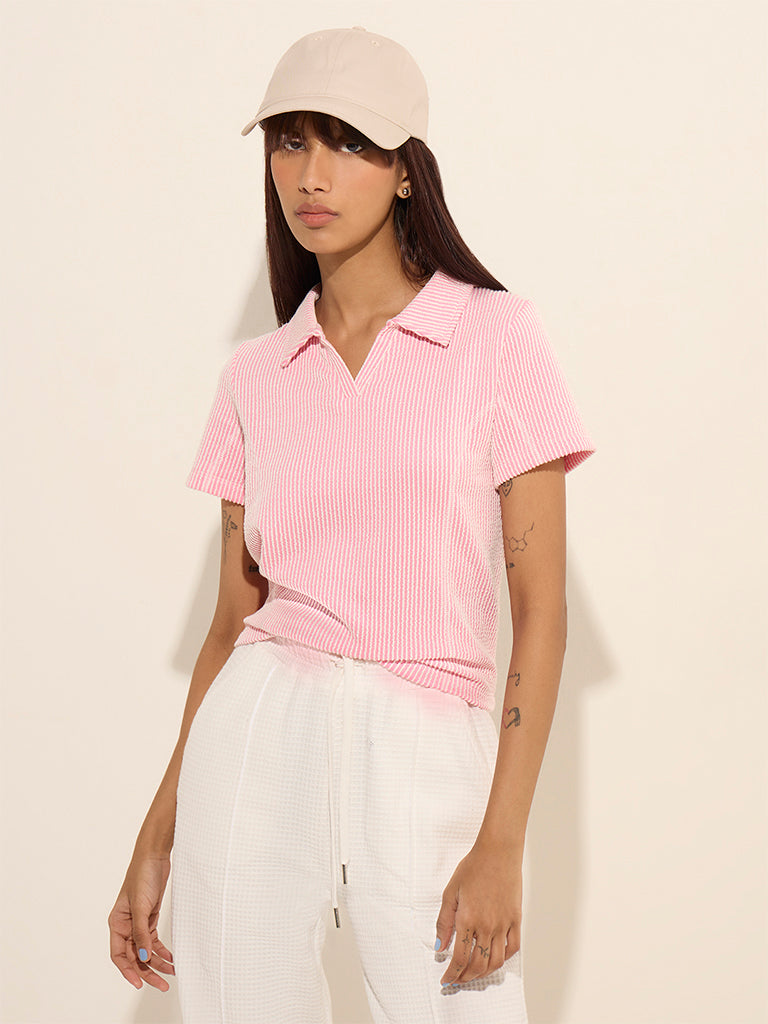 Studiofit Pink Stripe Printed Polo Cotton-Blend T-Shirt