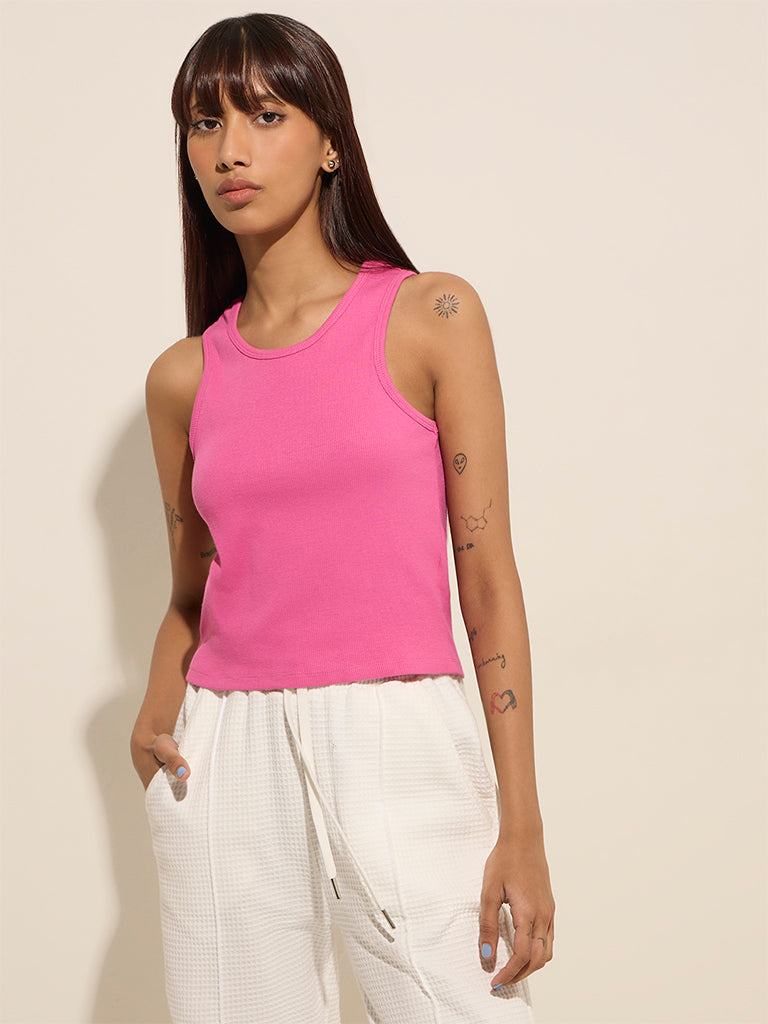 Studiofit Pink Ribbed-Textured Cotton-Blend Tank Top